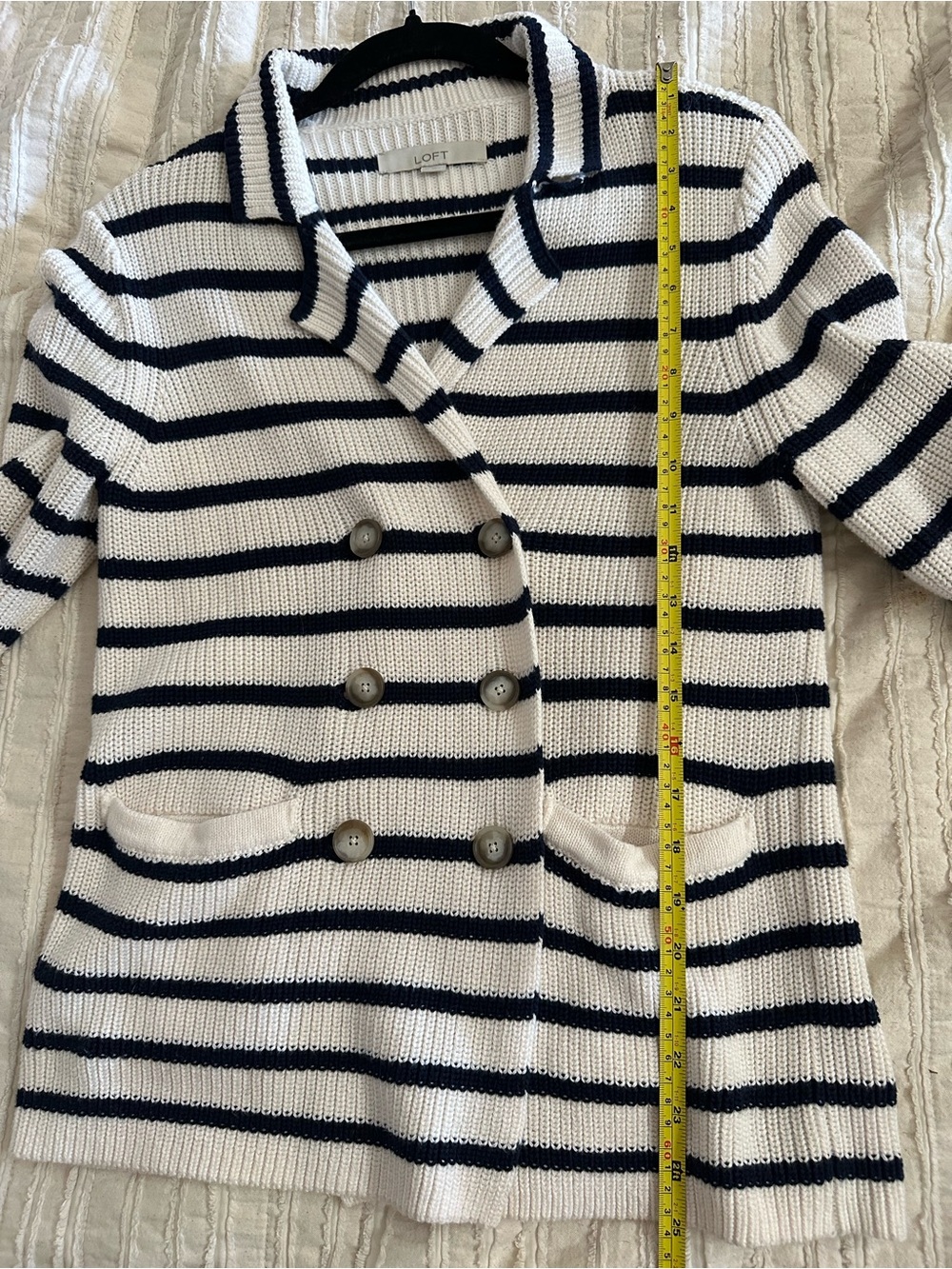 LOFT Striped Double-Breasted Knit Blazer - White & Navy Size Medium - Picture 9 of 10